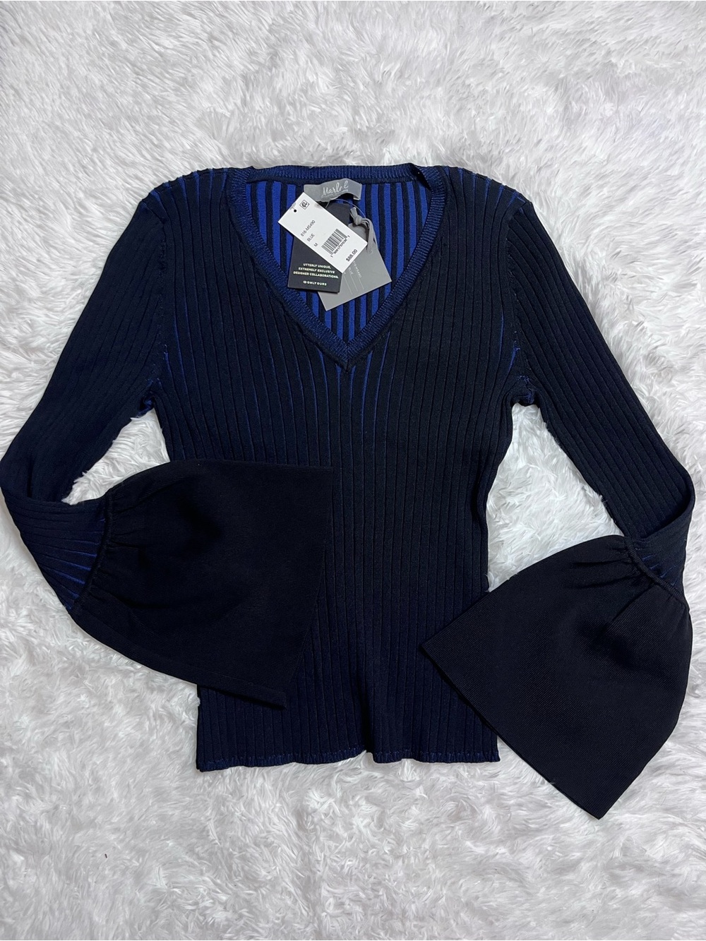 Marled Ribbed V-Neck Bell Sleeve Sweater